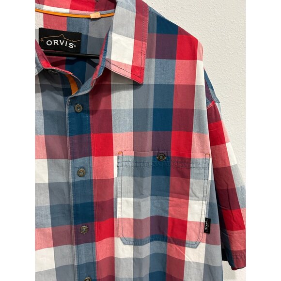 Orvis Short Sleeve Plaid Button Up Shirt Red Blue Sz XXL Cotton Classic Preppy - Picture 4 of 11
